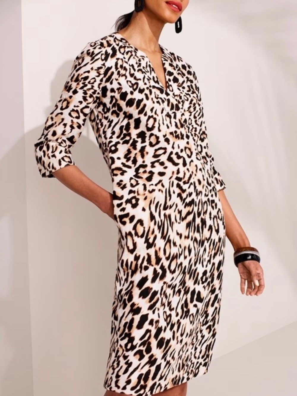 Chico's Animal Print Linen Shift Dress in Cream, Tan & Black size 1/ 8 medium
